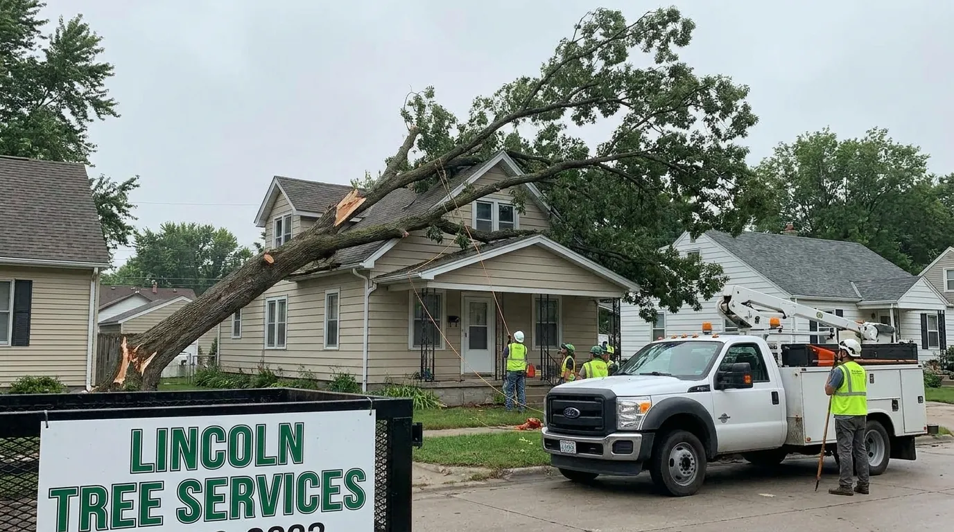 Storm-damaged tree leaning over a Lincoln, NE home