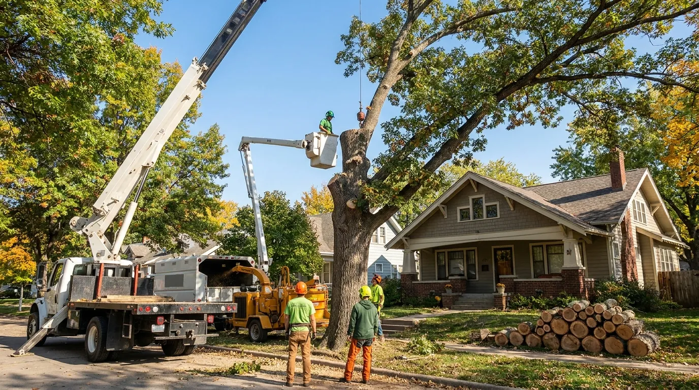 Crew removing a large tree from a Lincoln, NE residential yard
