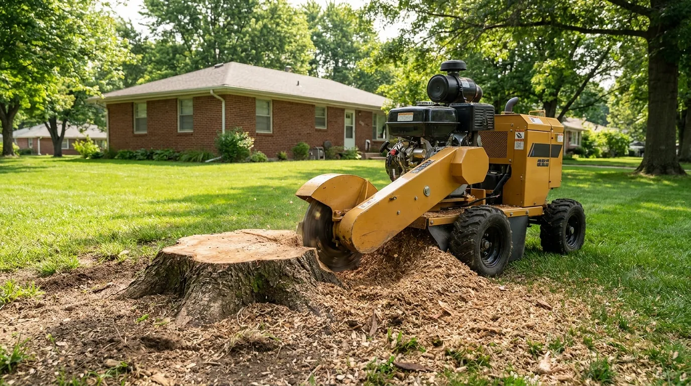A stump grinder reducing a tree stump below grade in a Lincoln, NE yard