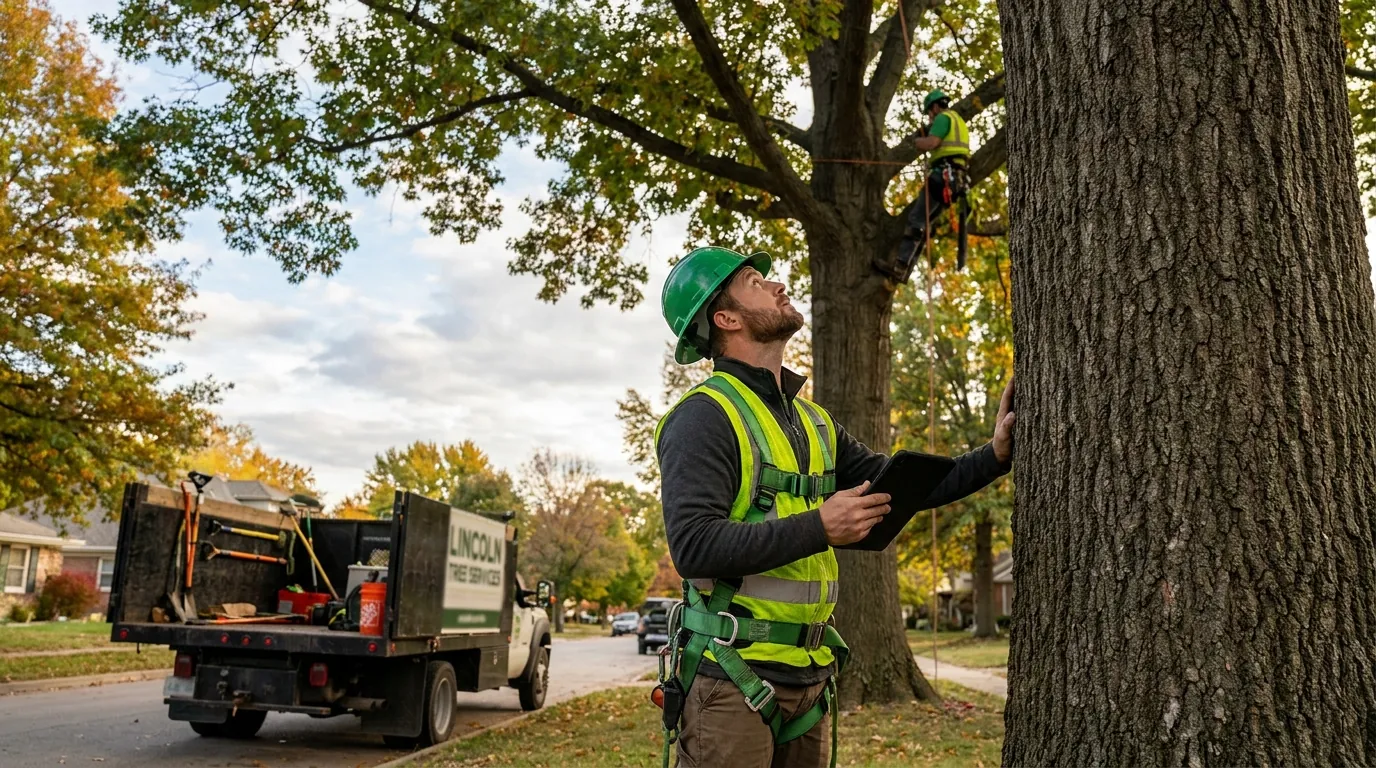 Arborist examining the trunk and canopy of a tree in Lincoln, NE