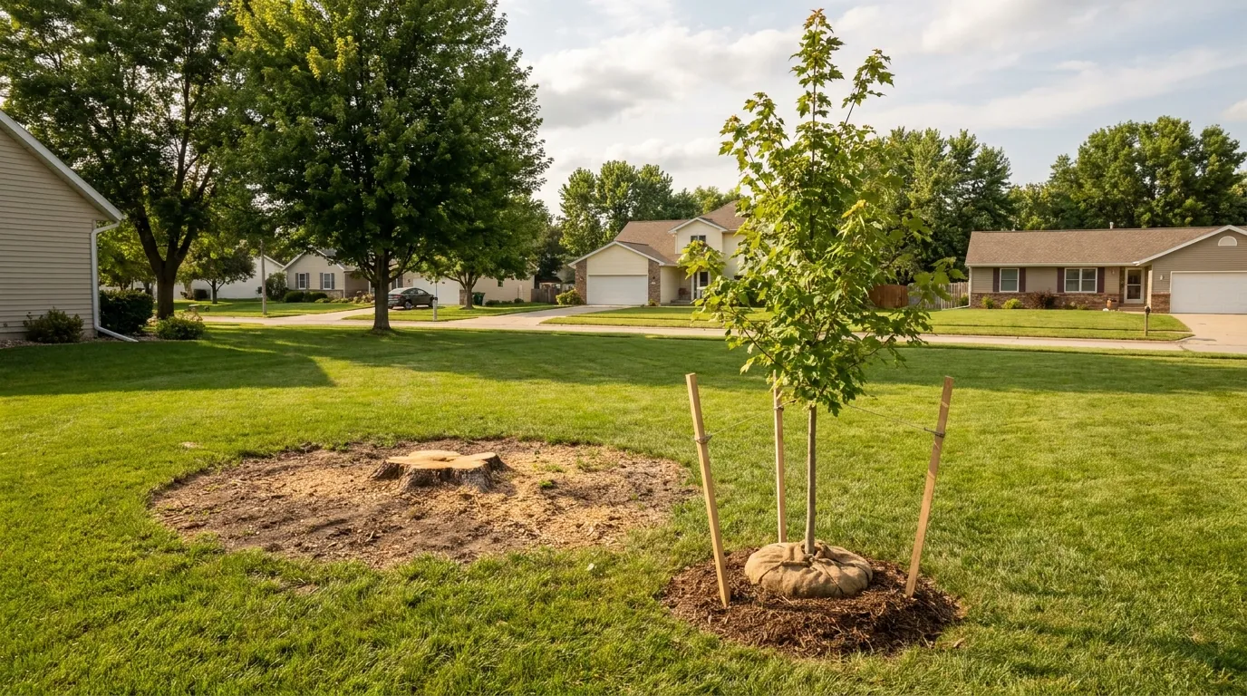 Newly planted tree in a Lincoln, NE yard after a removal