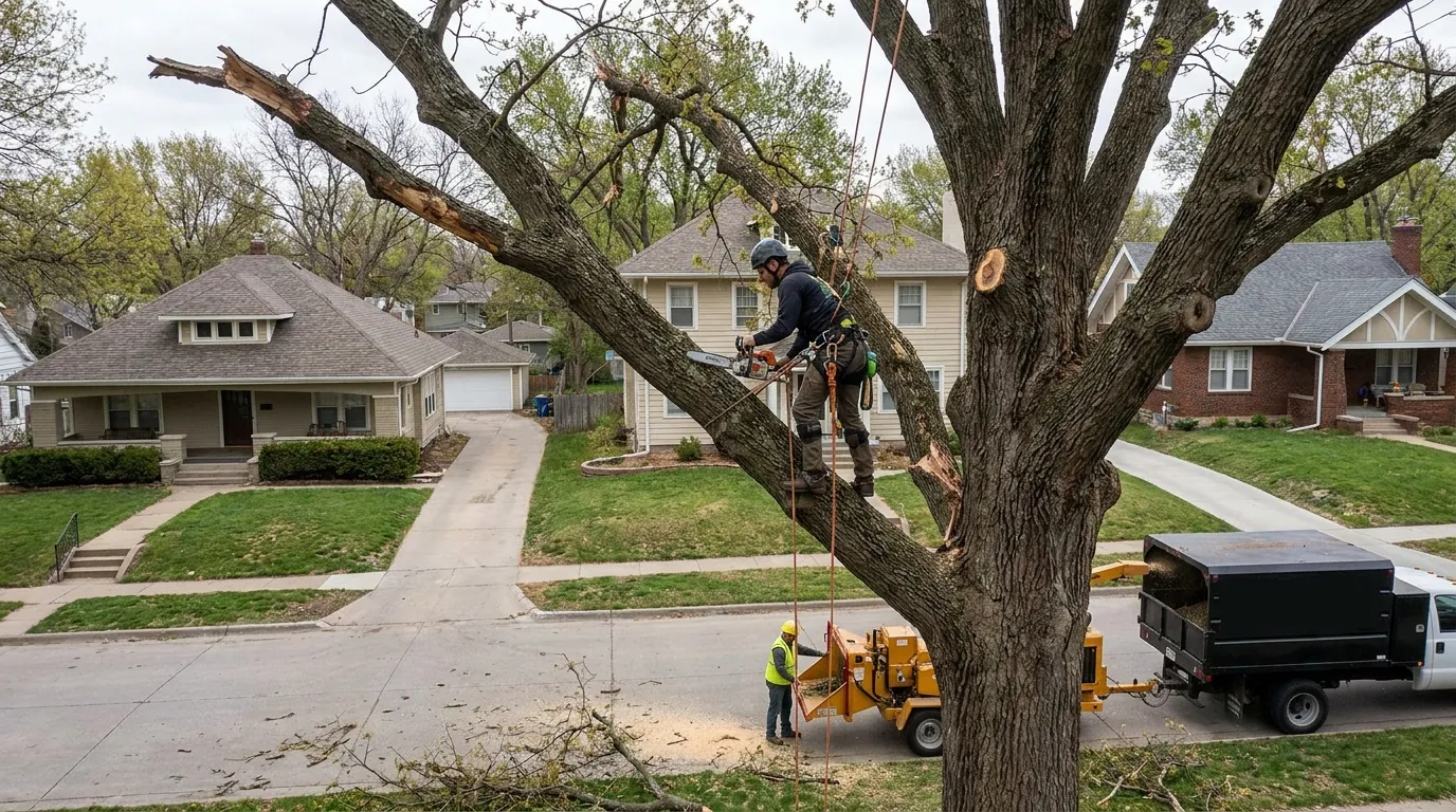 Arborist repairing a storm-damaged tree in Lincoln, NE