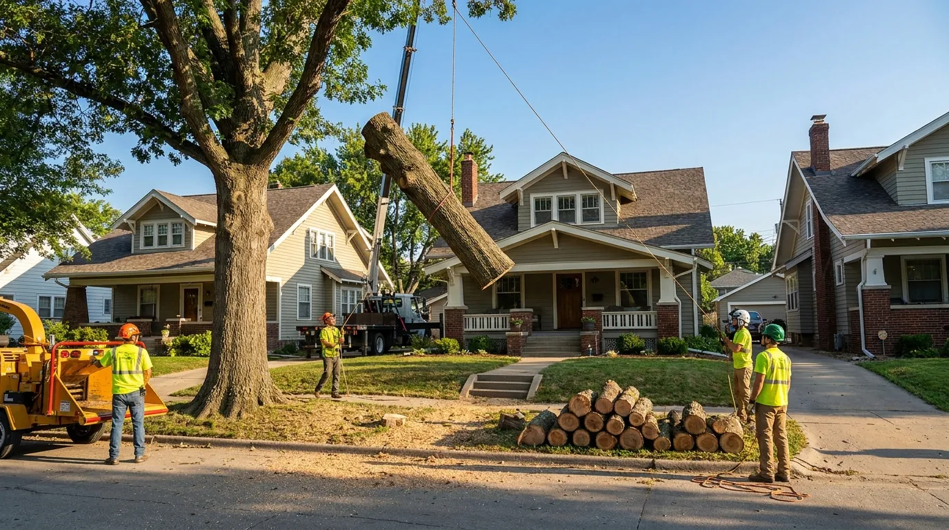 Tree removal crew working on an open lot near Emerald, Nebraska