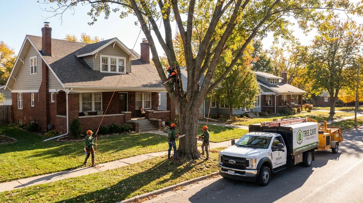A crew sectioning down a large tree beside a Lincoln, NE home