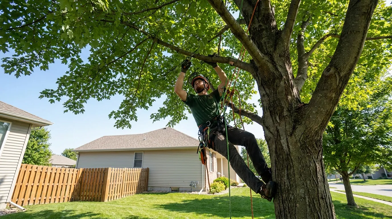 An arborist pruning a maple canopy over a Lincoln, NE backyard